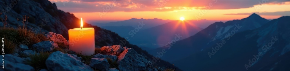 Obraz premium Warm glow of candle on mountain rocky terrain, sunset, rocks, wilderness