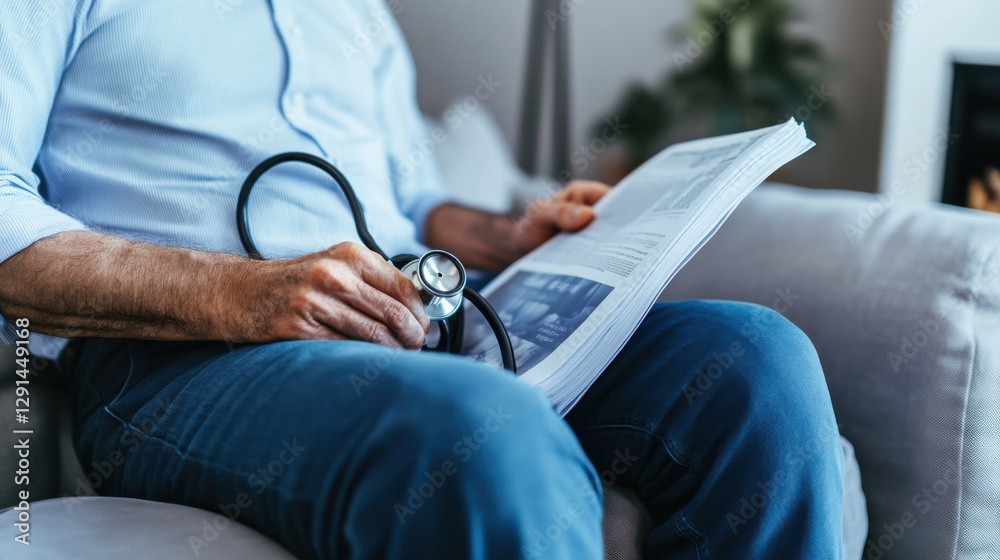 Fototapeta premium Hypertension patient reading a health magazine on a sofa in a living room. Featuring health and wellness