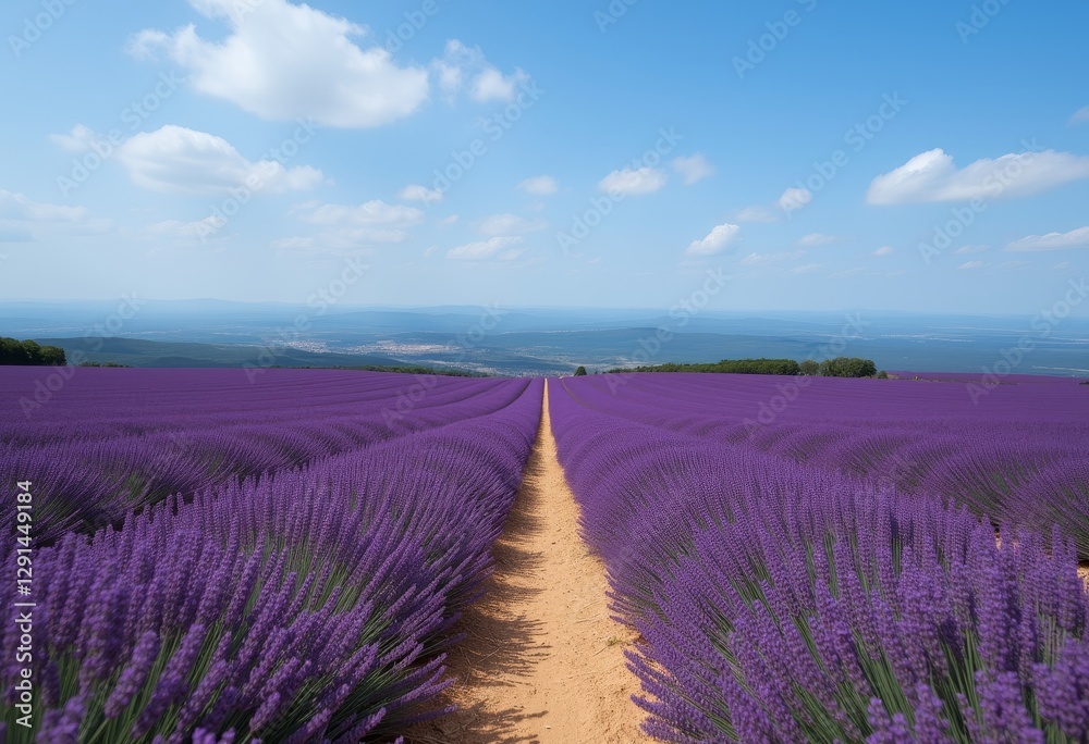 Path Through Lavender Field with a Distant View of Mountains Path Through Lavender Field with a Distant View of Mountains