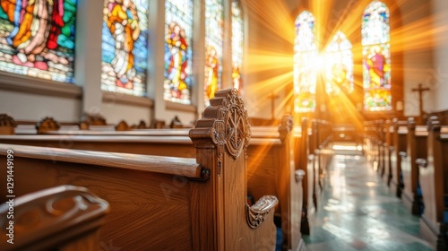 A church interior with stained glass windows and wooden pews.