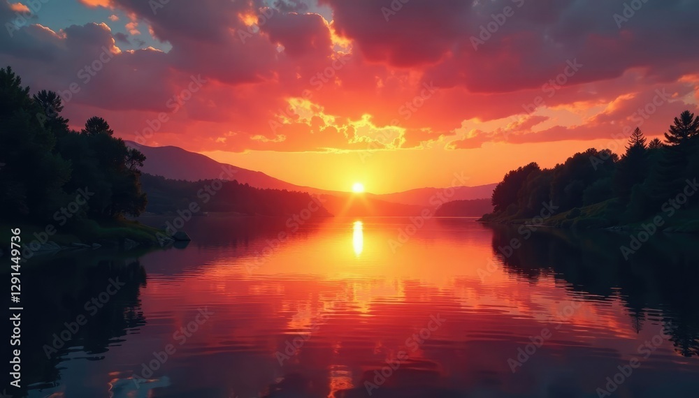 Obraz premium Warm light spreads across river water as sunset fades, serene, peaceful, twilight