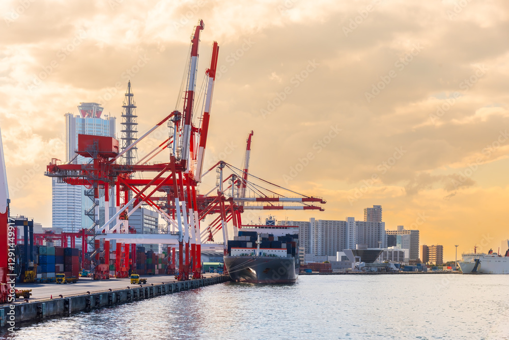 Fototapeta premium Container port and container crane at Industrial port for cargo container ship Osaka Japan. Business logistic transportation concept.