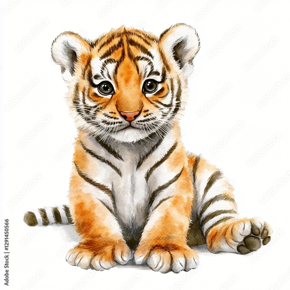 Fototapeta premium A cute watercolor illustration of a tiger painting illustration isolated on a white background, a tiger illustration painting, Ai
