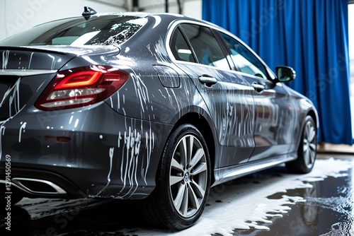 Luxury Sedan Car Wash Detailing Soap Suds on Grey Vehicle