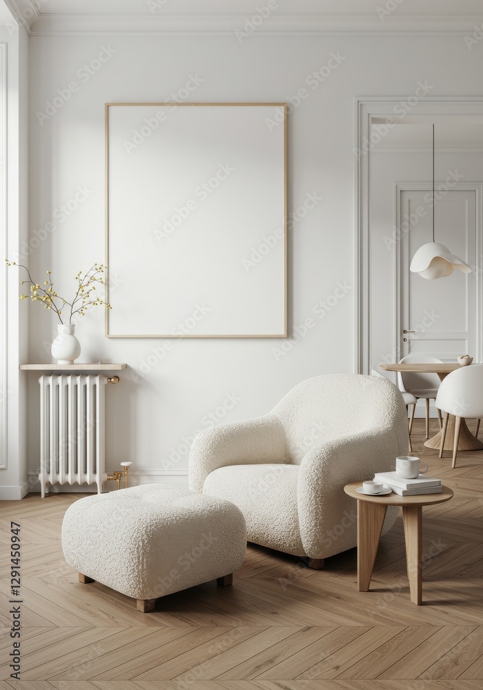 Fototapeta premium Frame blank mockup design. Livingroom wall poster mock up. Interior mock-up with home background. Modern interior design. 3D render