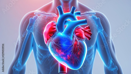 Digital illustration of heart anatomy, displaying realistic organs with vibrant colors, highlighting the cardiovascular system