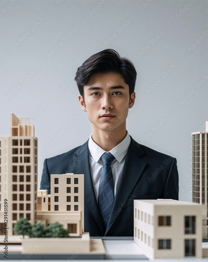 A young male architect in formal attire with building models close up portrait on plain background A young male architect in formal attire with building models close up portrait on plain background