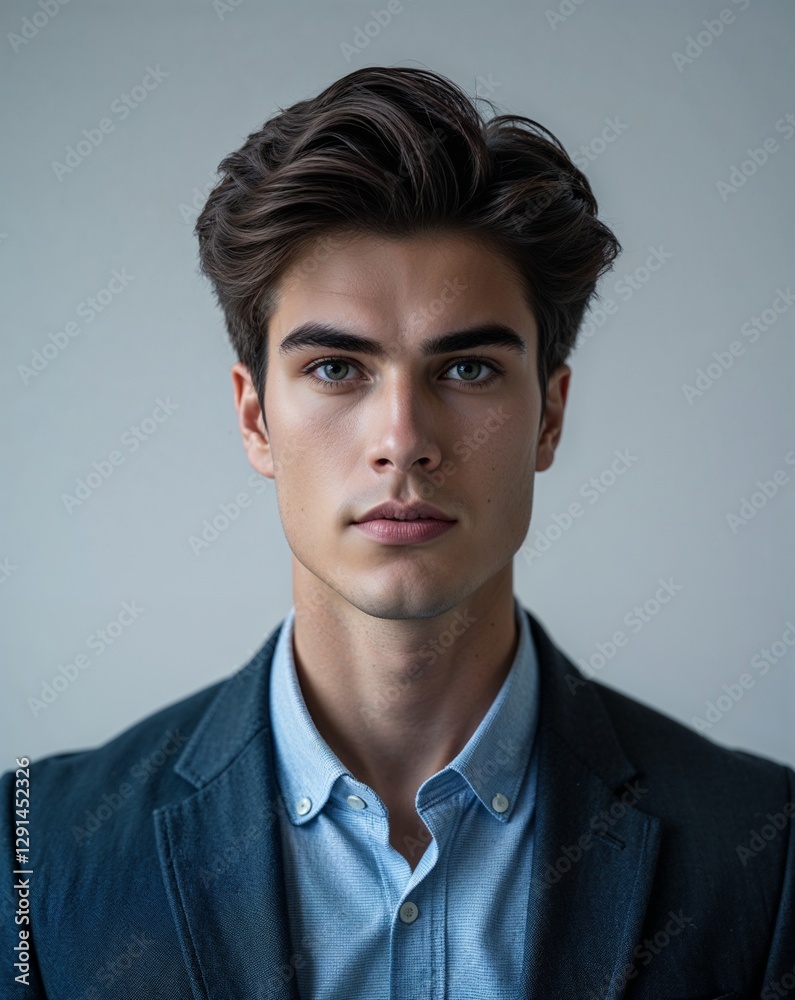 A young male data analyst in smart casual attire with charts on a plain background A young male data analyst in smart casual attire with charts on a plain background