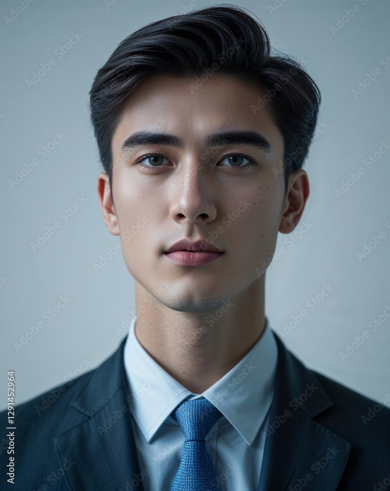 A young male financial analyst in formal attire with a graph on a plain background A young male financial analyst in formal attire with a graph on a plain background