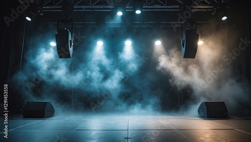 Empty stage illuminated by blue and warm spotlights with smoke creating a dramatic atmosphere