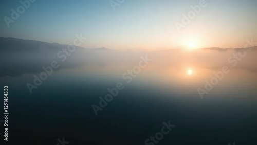 A quiet lake at morning with mist rising from its surface slowly,, lake