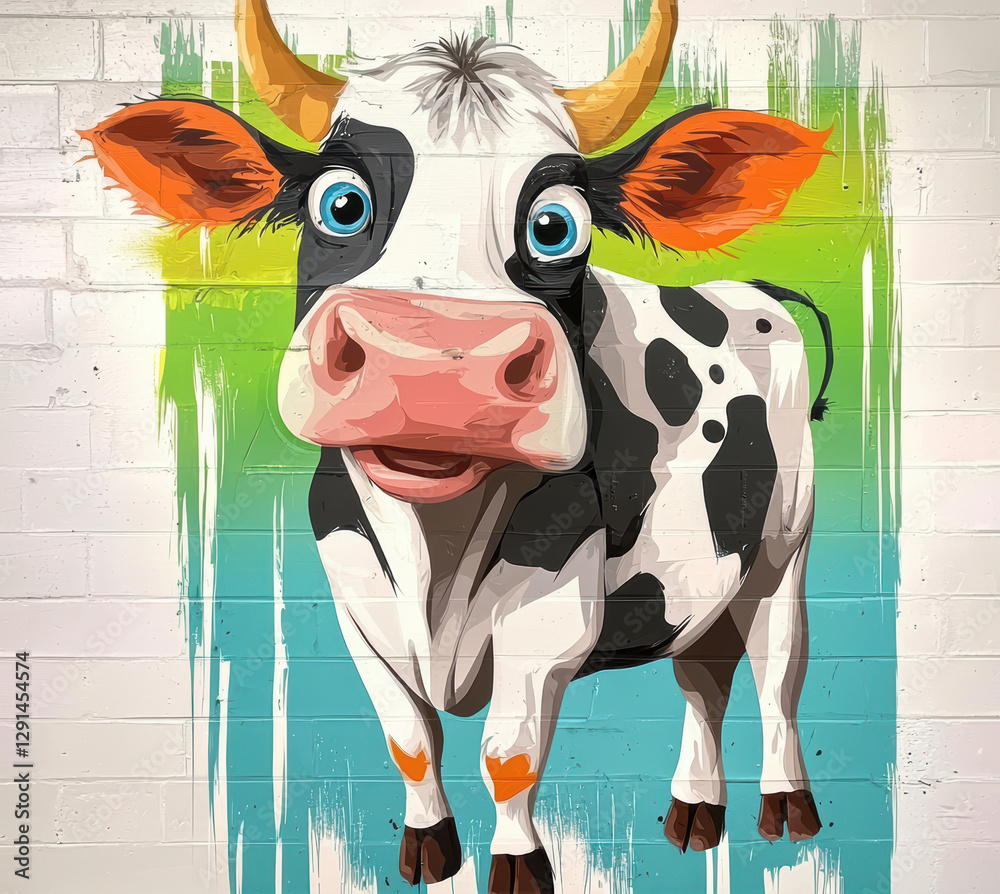 colorful cow graffiti on brick wall