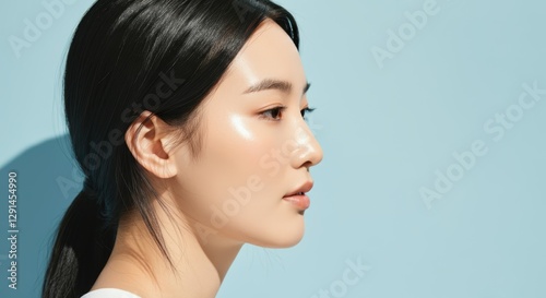 Young asian female profile with smooth skin against light blue background