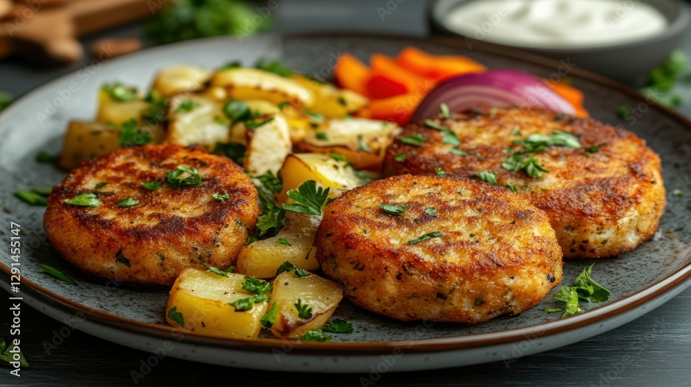 Delicious fish cakes with roasted vegetables on a plate, creamy sauce in background Delicious fish cakes with roasted vegetables on a plate, creamy sauce in background