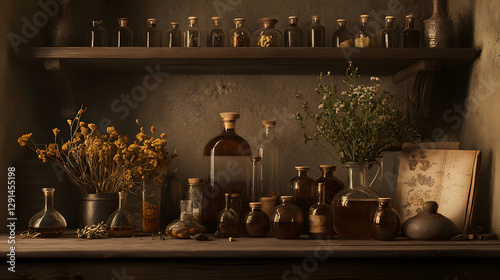 Alchemy's Aura: A captivating shelf display of potions and dried flowers evoking mystery and intrigue. A glimpse into the heart of old-world alchemy and herbal practice, filled with bottles and vials.