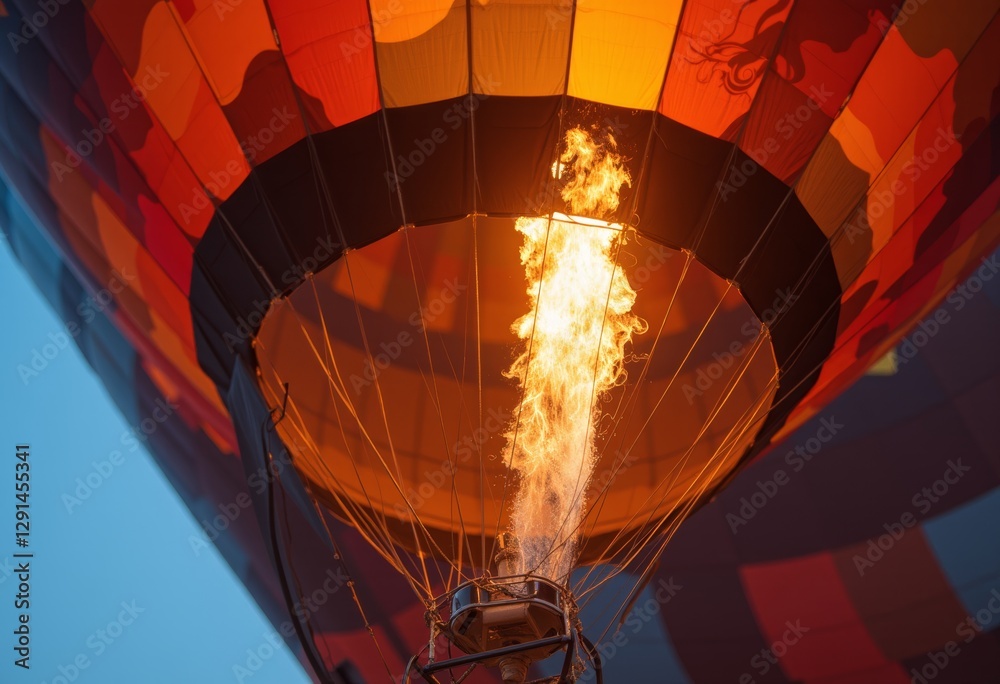 Obraz premium Hot Air Balloon Ignition with Fiery Flames in Early Morning Light