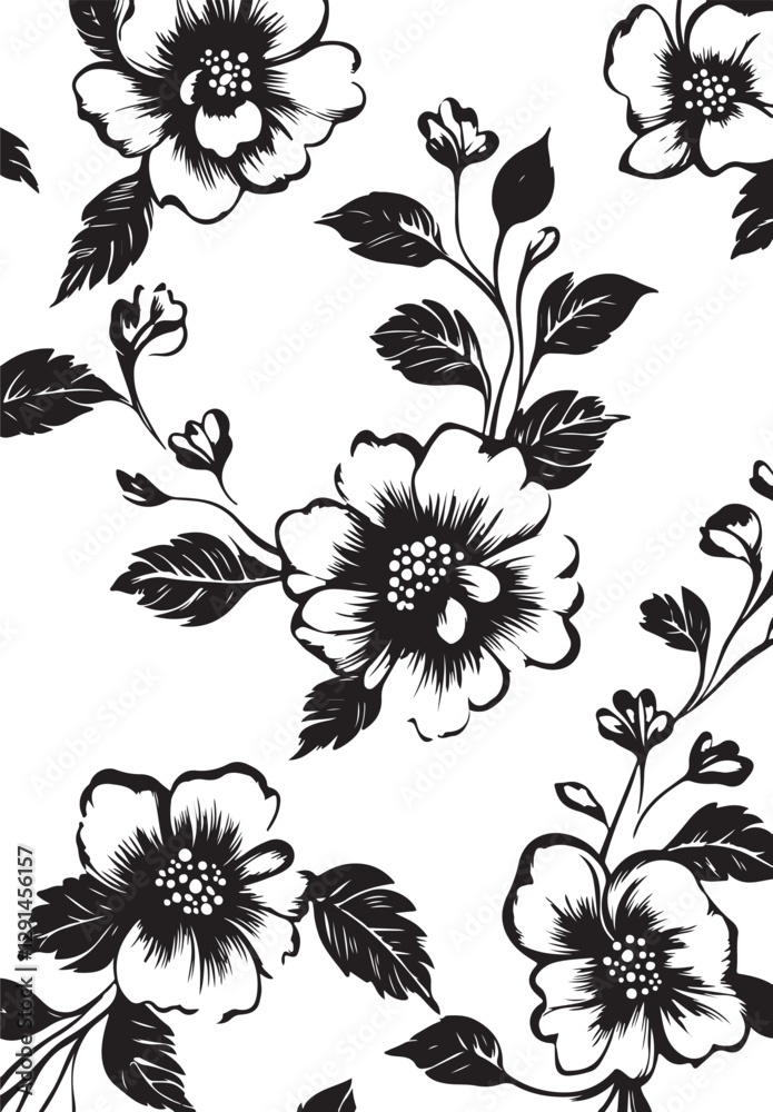 Elegant Black & White Floral Fabric Prints – High-Quality Digital Graphics Elegant Black & White Floral Fabric Prints – High-Quality Digital Graphics