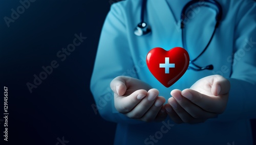 A doctor in a blue uniform holding a red heart with a medical cross, representing healthcare, patient care, and the importance of medical professionals in saving lives