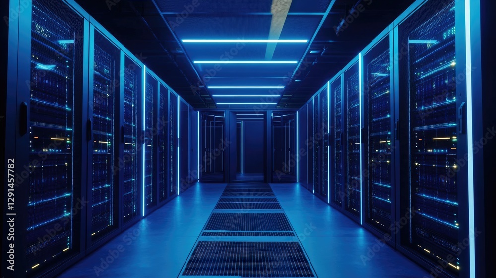 A futuristic data center with glowing blue server racks and modern lighting in a highly secure environment. Perfect for cloud computing, cybersecurity, and IT infrastructure concepts A futuristic data center with glowing blue server racks and modern lighting in a highly secure environment. Perfect for cloud computing, cybersecurity, and IT infrastructure concepts