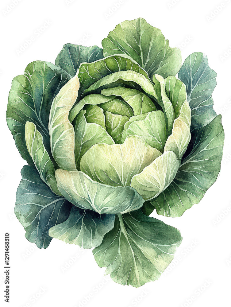 Fototapeta premium A watercolor painting of a large green cabbage