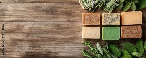 Organic handmade soap bars with herbs and flowers, set on a natural wood background, Natural Skincare, ecofriendly and chemicalfree products photo