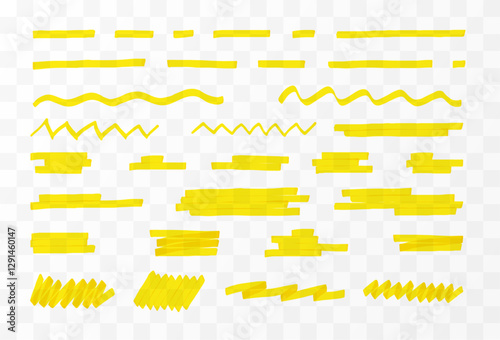 Marker pen lines yellow vector set, brush pen hand drawn underline strokes, highlighter wavy, dashed and zigzag lines