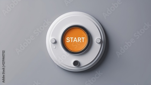A circular button with a bright orange 'START' label set against a sleek grey background, emphasizing the theme of initiation and action