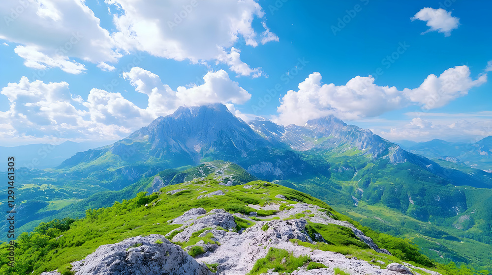Mountaintop panorama hikers view lush green valley, sunny day, travel poster Mountaintop panorama hikers view lush green valley, sunny day, travel poster