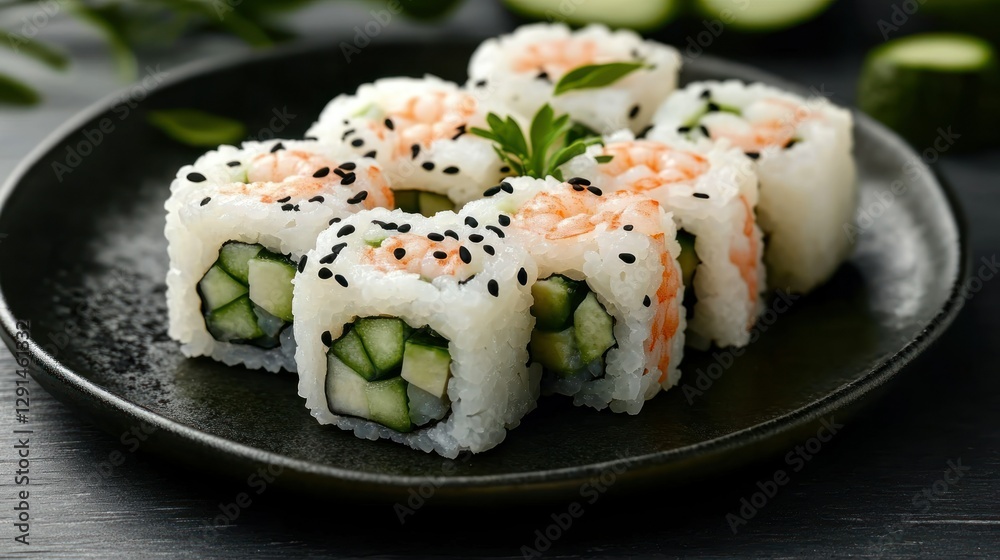 Delicious shrimp and cucumber sushi rolls on dark plate, with fresh vegetables in background Delicious shrimp and cucumber sushi rolls on dark plate, with fresh vegetables in background