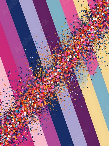 Multicolored confetti dots on a striped background the concept of festive decoration fashionable color concept pattern from a striped background with chaotic confetti dots for design poster banner