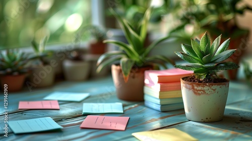 Vibrant potted succulents with spiky green leaves in earthy terracotta pots arranged on a weathered turquoise wooden table alongside colorful sticky notes
