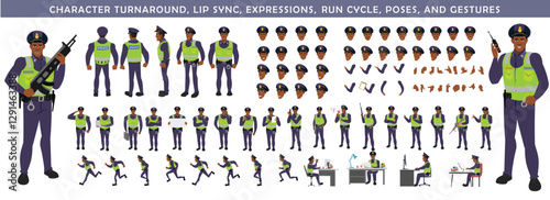 
Police Officer Character Design Model Sheet. Man, Character design. Front, side, back view and explainer animation poses. Character set with lip sync and Walk cycle animation sequences.
