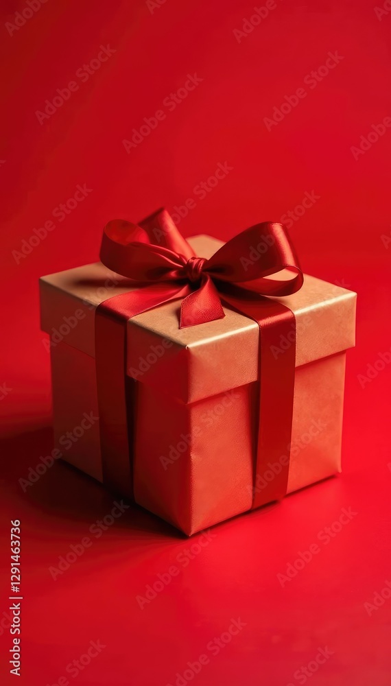 Fototapeta premium Gift box with crimson ribbon tied around it on a red background, holiday gift, crimson ribbon, gift box