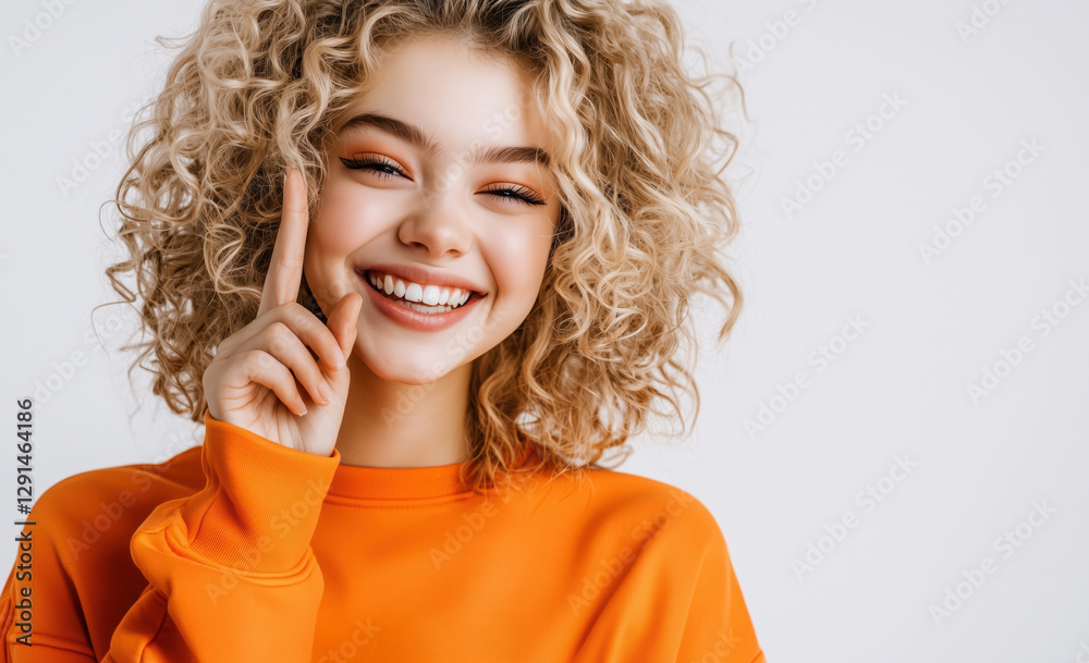 smiling young woman with curly hair wearing an orange sweater