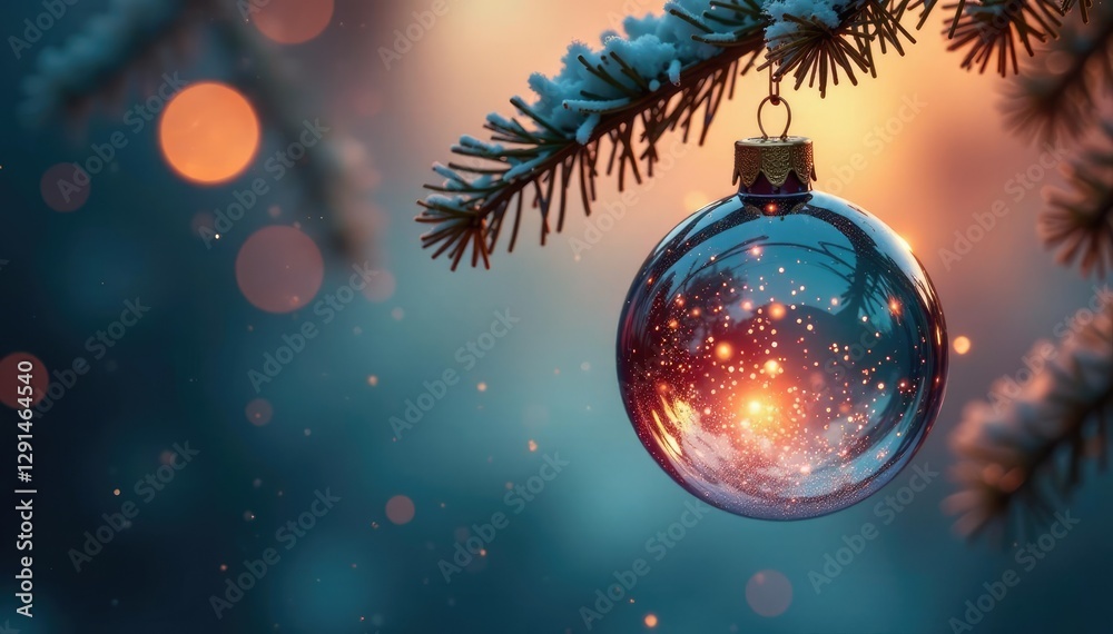 Obraz premium Glass ball with subtle glitter hanging from branch, ornament, decoration