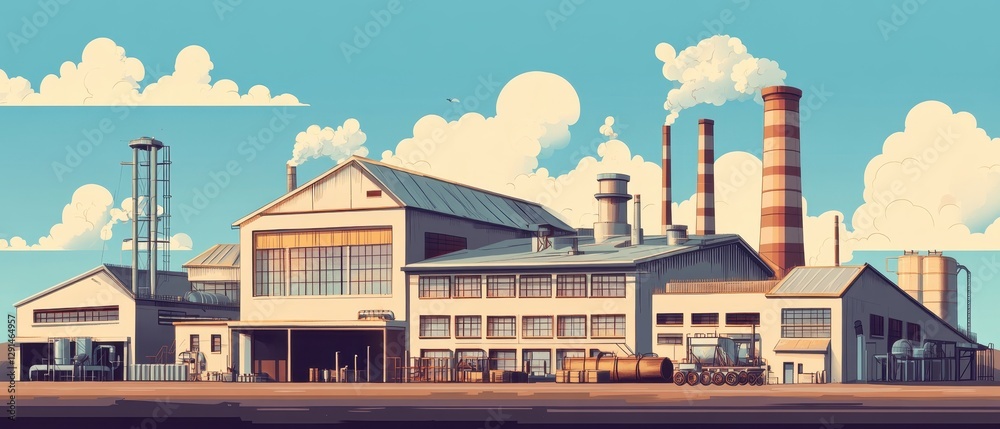 Obraz premium Warehouse structure with smokestack in industrial area under clear sky