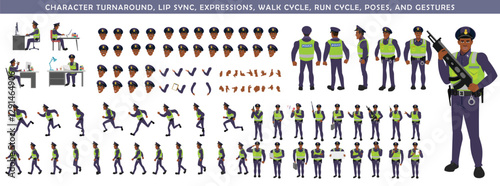 
Police Officer Character Design Model Sheet. Man, Character design. Front, side, back view and explainer animation poses. Character set with lip sync and Walk cycle animation sequences.
