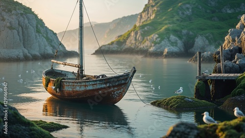 Wallpaper Mural Rustic boat anchored in a tranquil bay surrounded by hills and birds at sunrise Torontodigital.ca