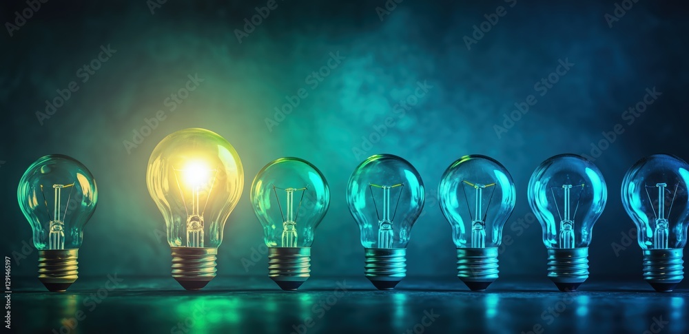 one glowing light bulb standing out among others