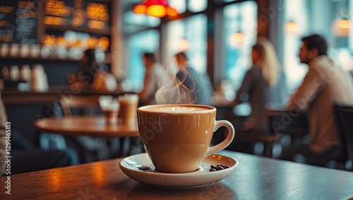 A steaming cup of coffee sits on a wooden table in a cozy café, surrounded by blurred customers enjoying their drinks