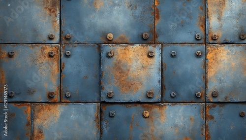 A high-resolution seamless pattern featuring rusted metal panels in striking blue hues against a dark background, offering an industrial vibe perfect for wallpaper or design projects.