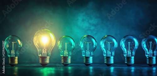one glowing light bulb standing out among others