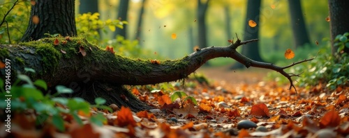 A fallen eichhorn tree branch with twigs and leaves, forest floor, fall, natural