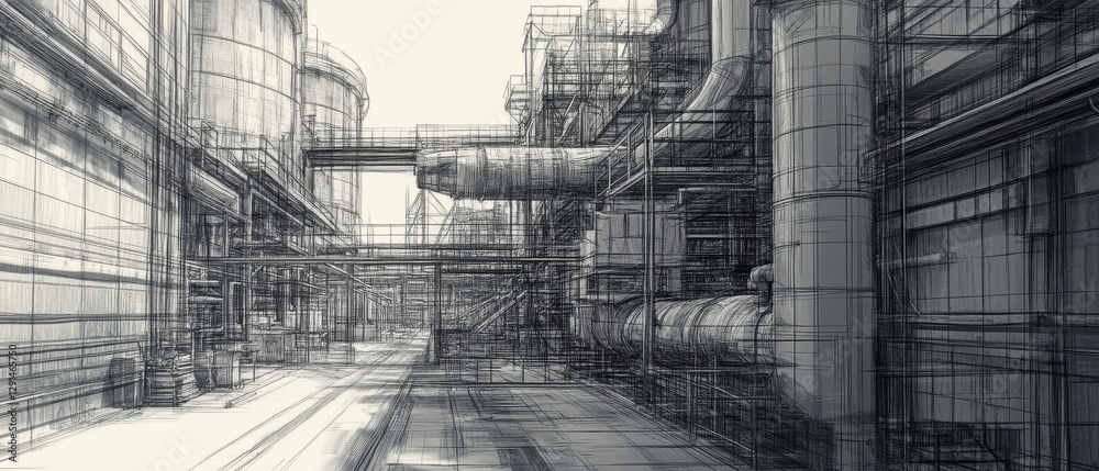 Fototapeta premium Warehouse structure with smokestack in industrial area under clear sky