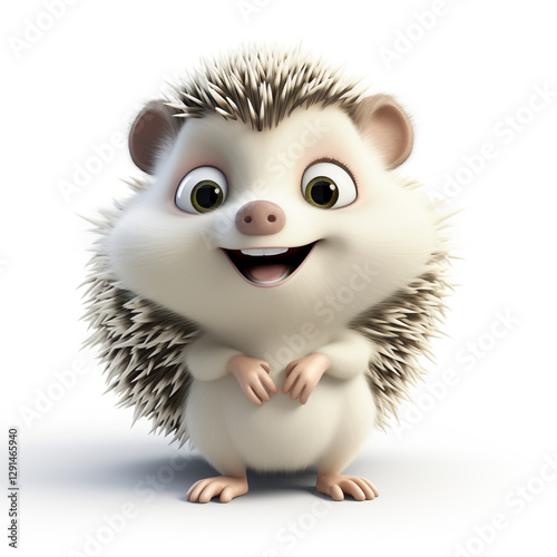 Hedgehog, porcupine, thorny mammal, happy, white background, 3D rendering illustration cartoon. Copyspace, space for text, mascot.