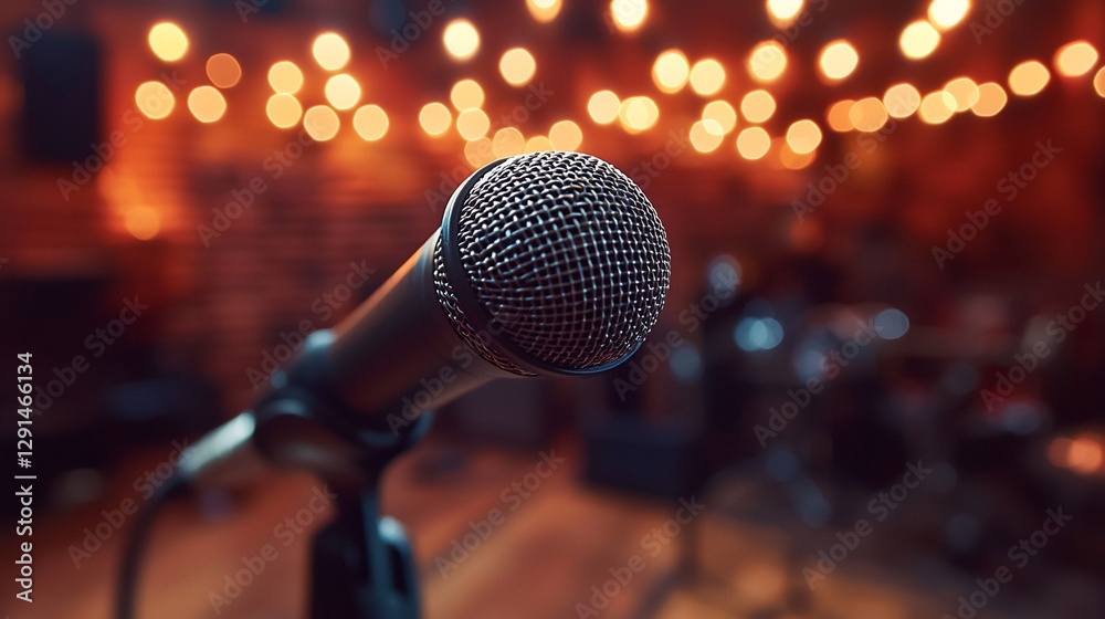 Obraz premium Close-up of microphone on stage with blurred background lights.