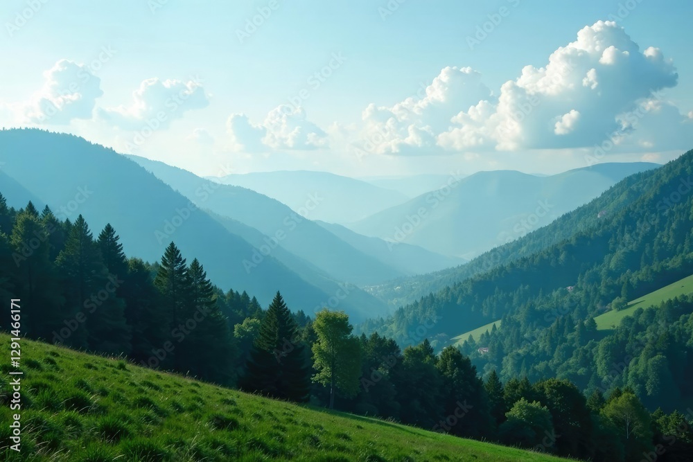 Misty forest landscape with rolling hills and fluffy white clouds, sky, forest Misty forest landscape with rolling hills and fluffy white clouds, sky, forest