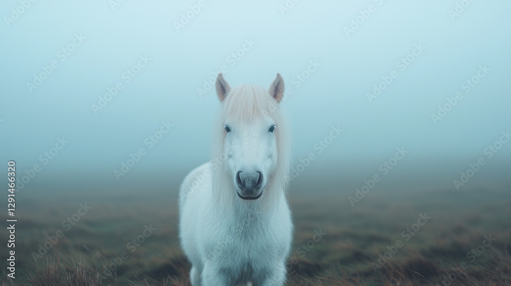 Misty morning, white pony, field, serene landscape Misty morning, white pony, field, serene landscape