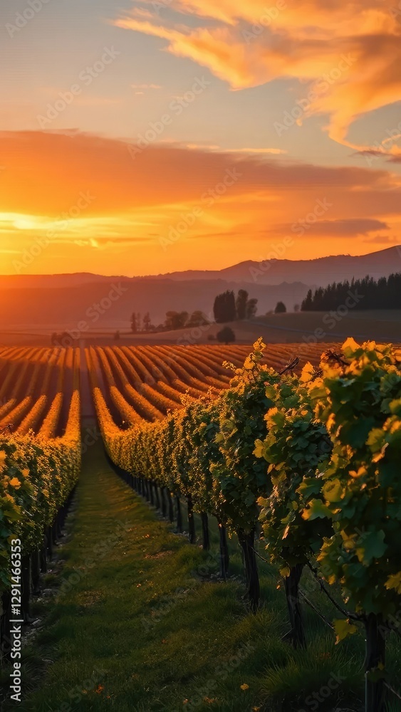 Fototapeta premium A picturesque vineyard at dusk, with a warm orange glow on the vines and surrounding hills, warm,, countryside