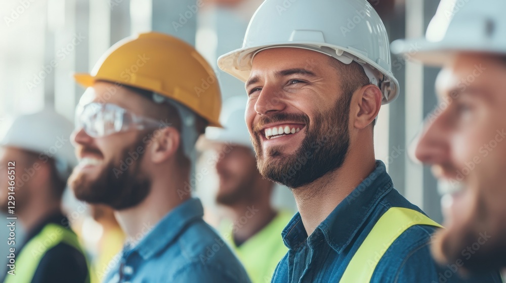 Obraz premium Happy Construction Workers in Hard Hats: Teamwork & Safety Gear on Building Site